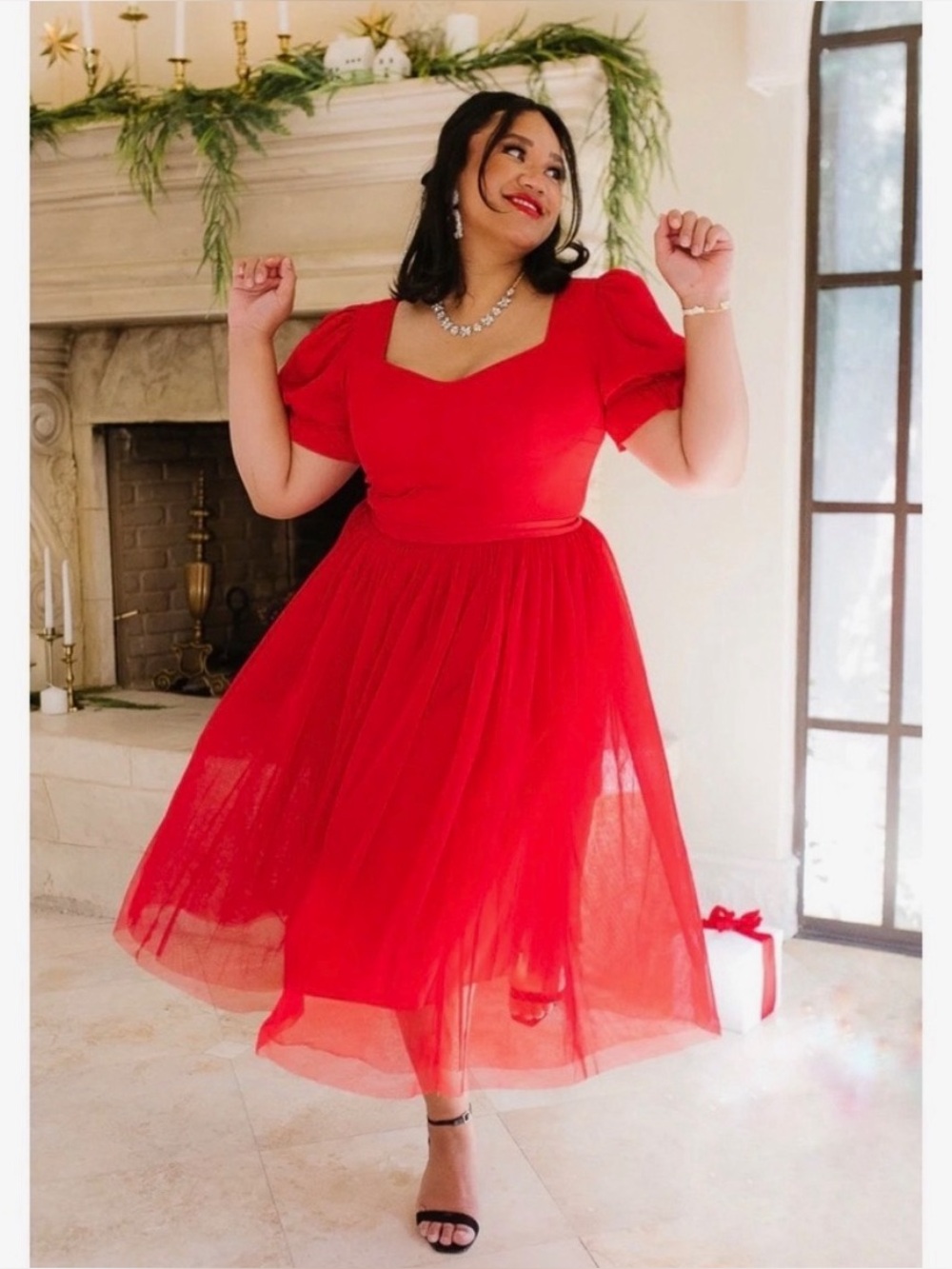 Ivy City Co Red Ballerina Tulle Midi Dress Puff Sleeve  Neckline Formal Size L
